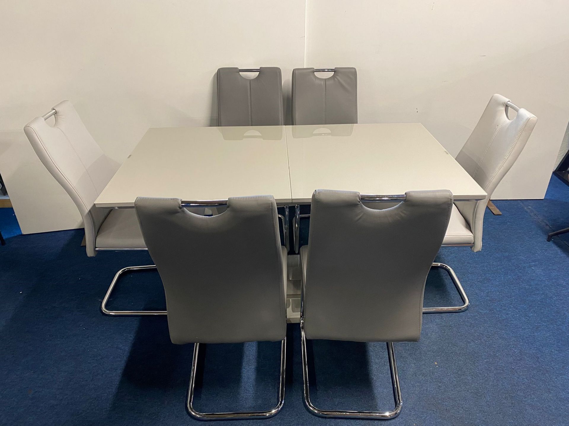 Glenkeen Furnishings. Savannah Light Grey Gloss Dining Table Set